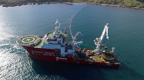 The cable laying ship Southern Star belonging to Perth-based specialist Fugro installs undersea cable at Cuttlefish Bay, Kangaroo Island, South Australia, 2018. (Photo: SA Power Networks)
