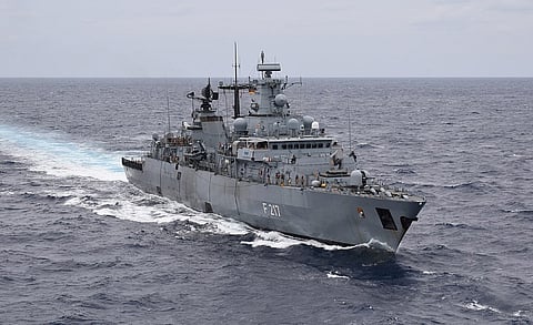 The German Navy frigate Bayern approaches the US Military Sealift Command replenishment oiler USNS Big Horn, not visible, for an underway replenishment in the Philippine Sea on November 27, 2021. (Photo: US Military Sealift Command/Juahn Gaskins)