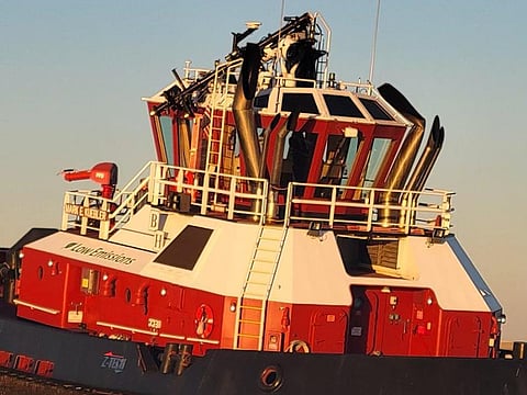 Photograph of the tug Mark E. Kuebler. Note the collapsed mast, a result of the tug's collision with the tanker Nisalah in the Corpus Christi Ship Channel in Texas on January 22, 2023. (Photo: US Coast Guard)