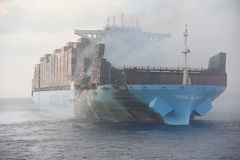 The containership Maersk Honam shortly after the fire that damaged the ship and left five crew dead on March 6, 2018 (Photo: Indian Coast Guard)