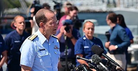 Rear Admiral John Mauger, the First Coast Guard District commander, delivers a press briefing in Boston, Massachusetts, about the discovery of debris from tourist submersible Titan on June 22, 2023. (Photo: US Coast Guard video capture/Petty Officer 2nd class Ronald Hodges)