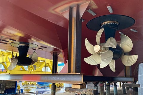 Two Veth electric-driven, contra-rotating rudder propellers being refitted on Ems' 1986-built ferry Münsterland