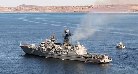 The Russian Navy frigate Yaroslav Mudry arrives at the Iranian port of Chakhbehar to participate in joint naval exercises in late December 2019. (Photo: Islamic Republic of Iran Army)