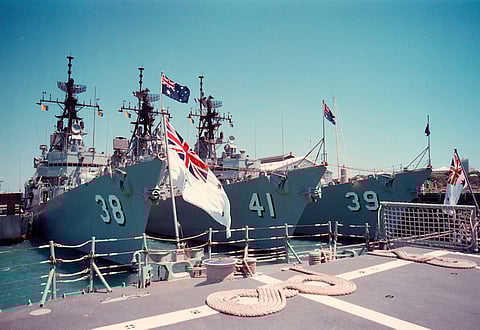 HMAS Perth, HMAS Brisbane and HMAS Hobart alongside Stokes Hill Wharf in Darwin. Photo: DoD