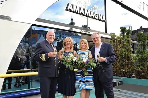 Famed American travel television host Samantha Brown (second from right) was ship's godmother at AmaMagna's christening on Monday, July 15. 0208b20e0751085d6dc05f9144ac50d7
