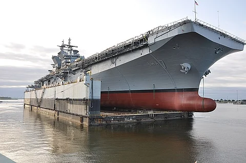The future USS Tripoli at its May 1, 2017, launching ceremony at Huntington Ingalls Industries' Pascagoula shipyard Image: US Navy