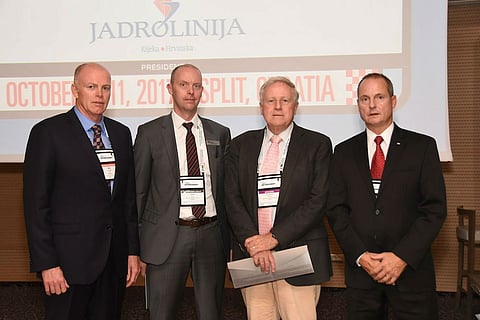 The Interferry Safety Committee session at Interferry 2018. From left: Mike Corrigan, CEO, Interferry; Johan Roos, Director, Regulatory Affairs, Interferry; Neil Baird; unknown 3adece6c1864c4fce72e5afe78a273ae