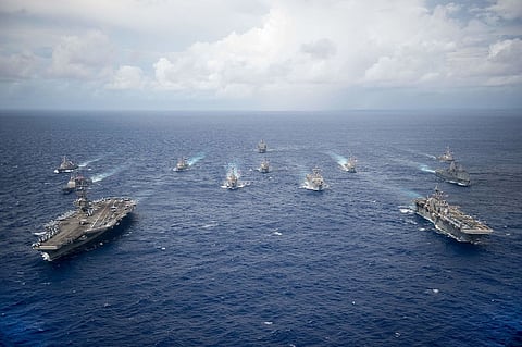 USS Ronald Reagan leads Carrier Strike Group Five and Expeditionary Strike Group Seven ships in an exercise in 2016. a12f9cacb5db9f343eabebe4faa2aba2