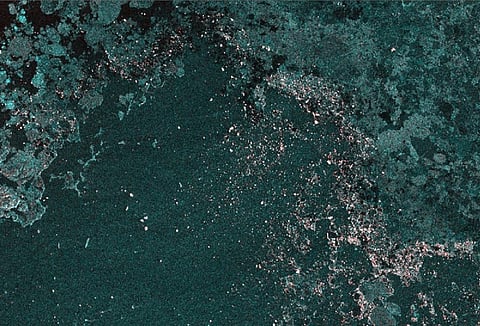 The icebergs in satellite imagery are pink. Polar View