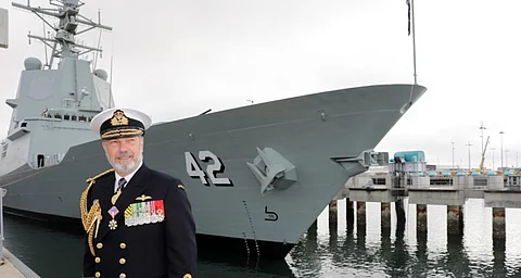 Royal Australian Navy Vice Admiral Tim Barrett in front of AWD Sydney at its launch in Osborne, South Australia Photo: Russell Millard