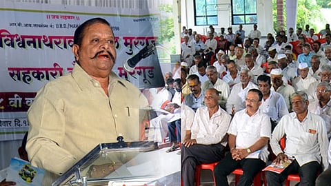 व्यासपीठावरून सभेला संबोधित करताना बँकेचे अध्यक्ष श्री प्रवीणसिंह विश्वनाथराव पाटील व सभेला उपस्थित मान्यवर सभासद व खातेदारांचा जनसमुदाय.