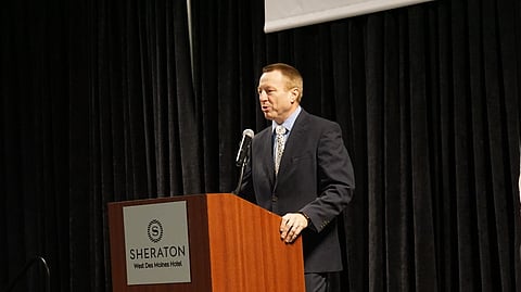 Iowa Banking Superintendent James Johnson speaks on April 11 during the event, his first in his position. He began in the role on Jan. 1
