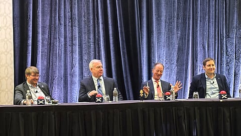From left: Heath Fountain, CEO, Colony Bank, Georgia.; Philip Bryan, Chief Banking Officer, Reading Cooperative Bank, Boston; David Reiling, board chair and CEO, Sunrise Banks, St. Paul, Minn., and Ryan Hildebrand, Chief Innovation Officer, Bankwell Financial Group, Connecticut, participate in a "Family Feud-like" panel session to discuss 2025 banking priorities. (Tom Bengtson/BankBeat)