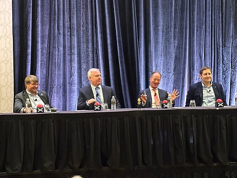 From left: Heath Fountain, CEO, Colony Bank, Georgia.; Philip Bryan, Chief Banking Officer, Reading Cooperative Bank, Boston; David Reiling, board chair and CEO, Sunrise Banks, St. Paul, Minn., and Ryan Hildebrand, Chief Innovation Officer, Bankwell Financial Group, Connecticut, participate in a "Family Feud-like" panel session to discuss 2025 banking priorities. (Tom Bengtson/BankBeat)