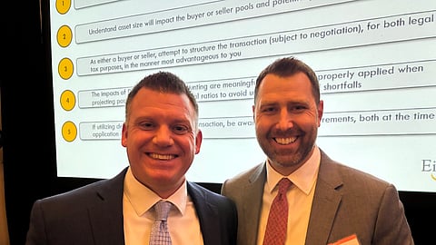 Michael Holdren (left) and Blake Crow, both accountants with Eide Bailly, invited bankers to view M&A opportunities in the context of factors common to community banks, such as being family-owned and/or privately held. (Tom Bengtson/BankBeat)