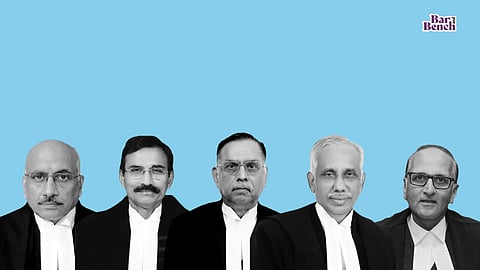 (L-R) Justices Hemant Gupta, L Nageswara Rao, Ashok Bhushan, S Abdul Nazeer and Ravindra Bhat