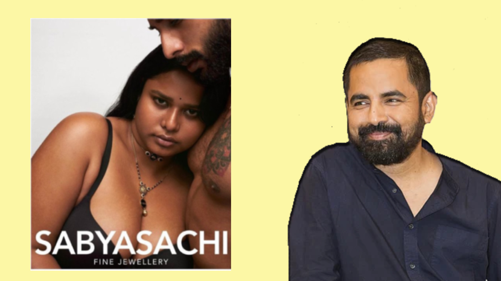 Ad campaign for mangalsutra (L), Sabyasachi Mukherjee (R)