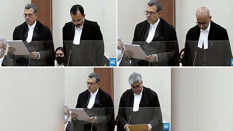 Justices Purushaindra Kumar Kaurav, Anish Dayal and Amit Sharma taking oath