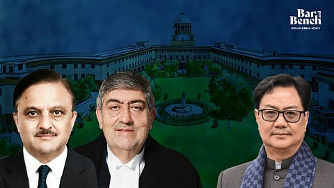 Supreme Court with Justices SK Kaul, AS Oka and Law Minister Kiren Rijiju