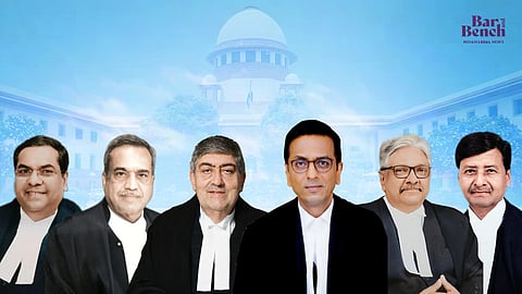 Collegium (From left to right) - Justice Sanjiv Khanna, Justice MR Shah, Justice Sanjay Kishan Kaul, CJI DY Chandrachud, Justice KM Joseph and Justice Ajay Rastogi
