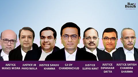 CJI Chandrachud and Justices Sanjiv Khanna, Surya Kant, JB Pardiwala, Dipankar Datta, Manoj Misra, and Satish Chandra Sharma