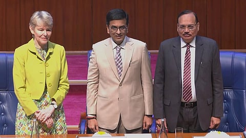 (L-R) Judge Hilary Charlesworth, CJI DY Chandrachud and Justice Suryakant
