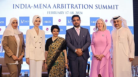 Justice Hima Kohli of the Supreme Court (third from left) was the Chief Guest for the inaugural session of the India-MENA Arbitration summit