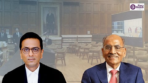 CJI DY Chandrachud (L), Vardhman Group Chairman SP Oswal (R)