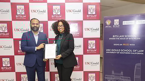 Prof. Ashish Bharadwaj (L) and Prof. Franita Tolson (R), Dean, USC Gould School of Law with signed MoU at BITS Law School, Mumbai