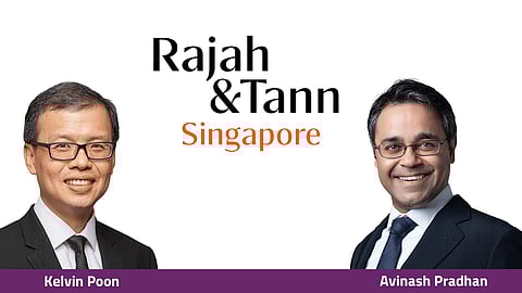 Kelvin Poon, Avinash Pradhan, with logo of Rajah & Tann Singapore