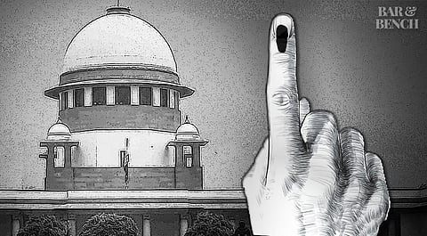 Finger with indelible ink mark (right to vote) and Supreme Court