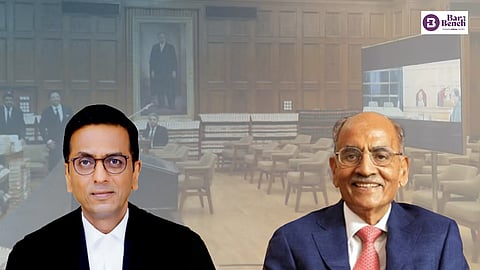 CJI DY Chandrachud (L), Vardhman Group Chairman SP Oswal (R)