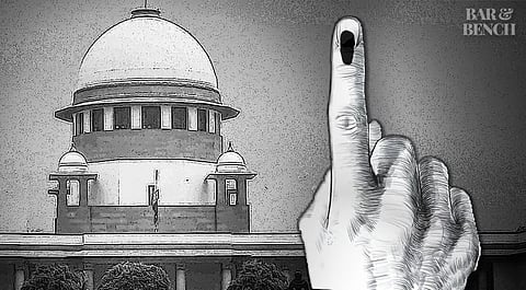 Finger with indelible ink mark (right to vote) and Supreme Court