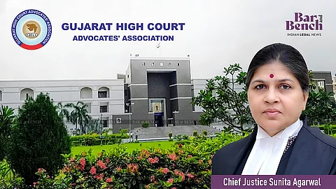 Chief Justice Sunita Agarwal and GHCAA logo with Gujarat High Court