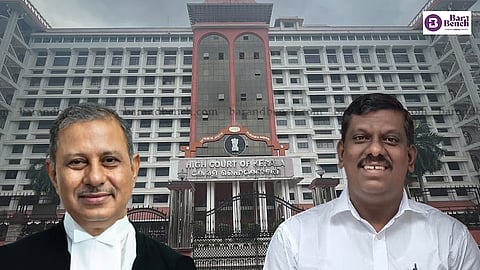 Kerala High Court with Justice DK Singh on one side and ex-MLA R Rajesh