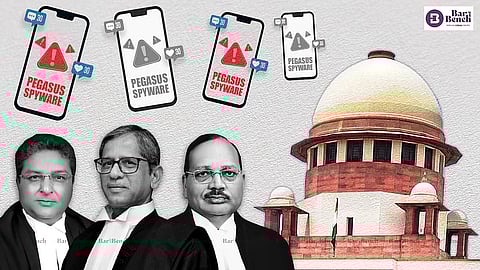 CJI Ramana, Justices Surya Kant and Vineet Saran, Pegasus