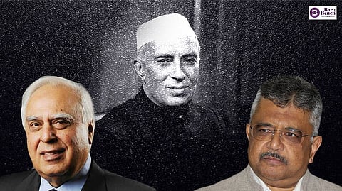 Pandit Jawaharlal Nehru (Centre), Kapil Sibal (Left) and SG Tushar Mehta (Right)