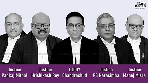 Justices Pankaj Mithal, Hrishikesh Roy, CJI Chandrachud, PS Narasimha, Manoj Misra