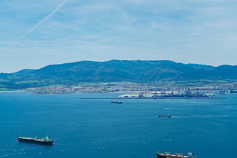 Gibraltar, coast, strait, tanker, ship, sea, blue