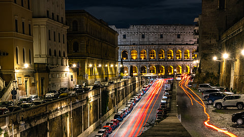 Rome, Coloseum, night time, car lights