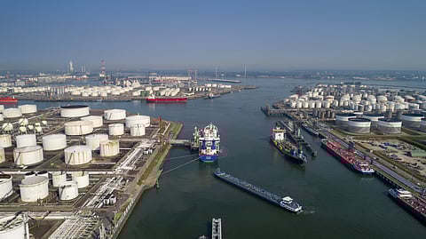 Rotterdam, refinery, port, barges, storage tanks, vessels