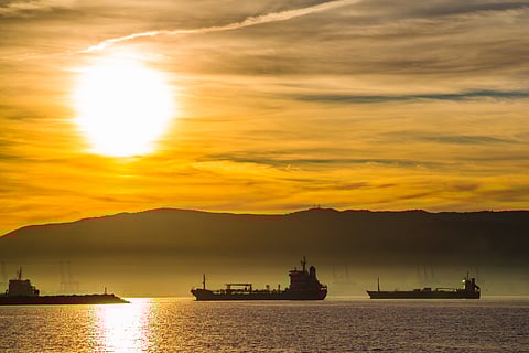 Picture of vessels anchored off Gibraltar at sunset