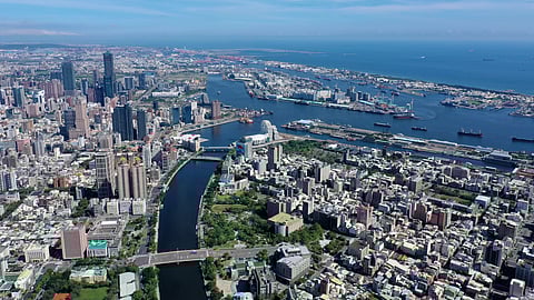 Aerial phto of Kaohsiung port, with vessels and sea