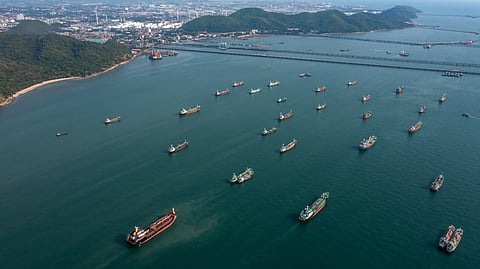 Photo showing vessels moored near refinery at Sriracha, Thailand