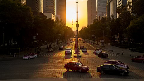 Photo of Mexico City, and traffic, at sunset