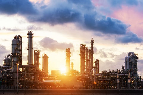 Photo of refinery in Rotterdam at sunset