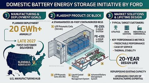 An infographic titled "Domestic Battery Energy Storage Initiative by Ford" detailing a 20 GWh annual deployment goal and a 20-year design life for containerized BESS units. It features an isometric cutout of a 20-foot DC block with a map highlighting the manufacturing hub in Glendale, Kentucky.