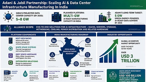 Alt text: Adani Group and Jabil Inc. plan an AI infrastructure manufacturing platform in India, covering alliance, green energy, manufacturing, key systems and AI data centres. The infographic highlights Adani Group’s role in infrastructure, green energy and logistics, while Jabil supports engineering, manufacturing, supply chain and thermal systems.