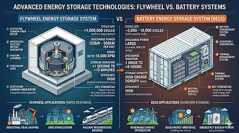 An infographic comparing flywheel energy storage and battery energy storage systems, highlighting their differences in technology, performance metrics, and industrial applications. It uses labelled diagrams and icons to illustrate how each system stores and releases energy for various infrastructure needs.