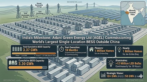 An infographic detailing Adani Green Energy Ltd's 3.37 GWh Battery Energy Storage System in Khavda, Gujarat, highlighting its capacity, rapid 10-month construction, and power delivery capabilities. The visual features data metrics alongside a map of India and site illustrations, underscoring its role in enabling round-the-clock renewable energy supply.